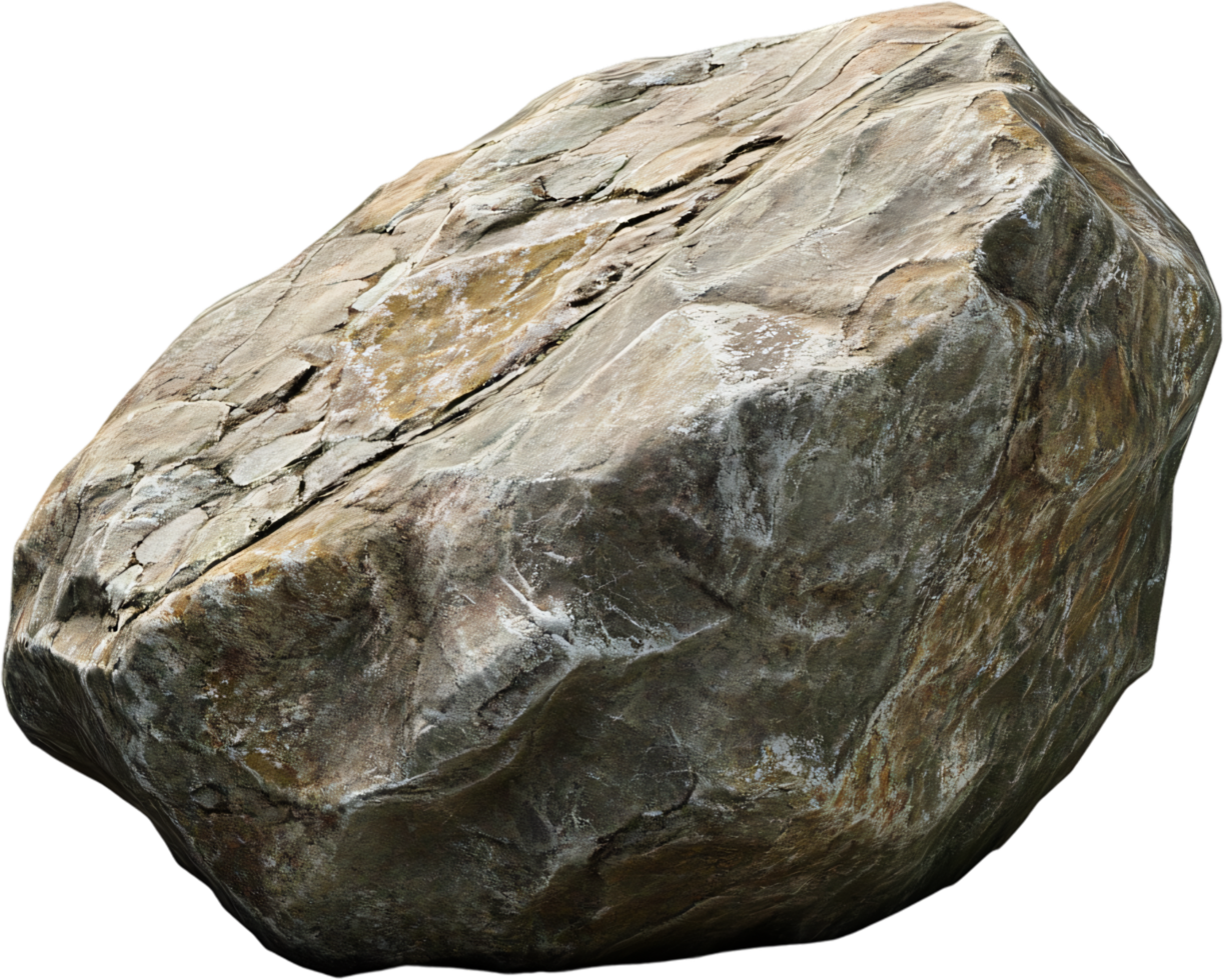 A sizable, standalone rock of rugged texture and earthy tones, set against a stark backdrop, emphasizing its unique mineral composition. png