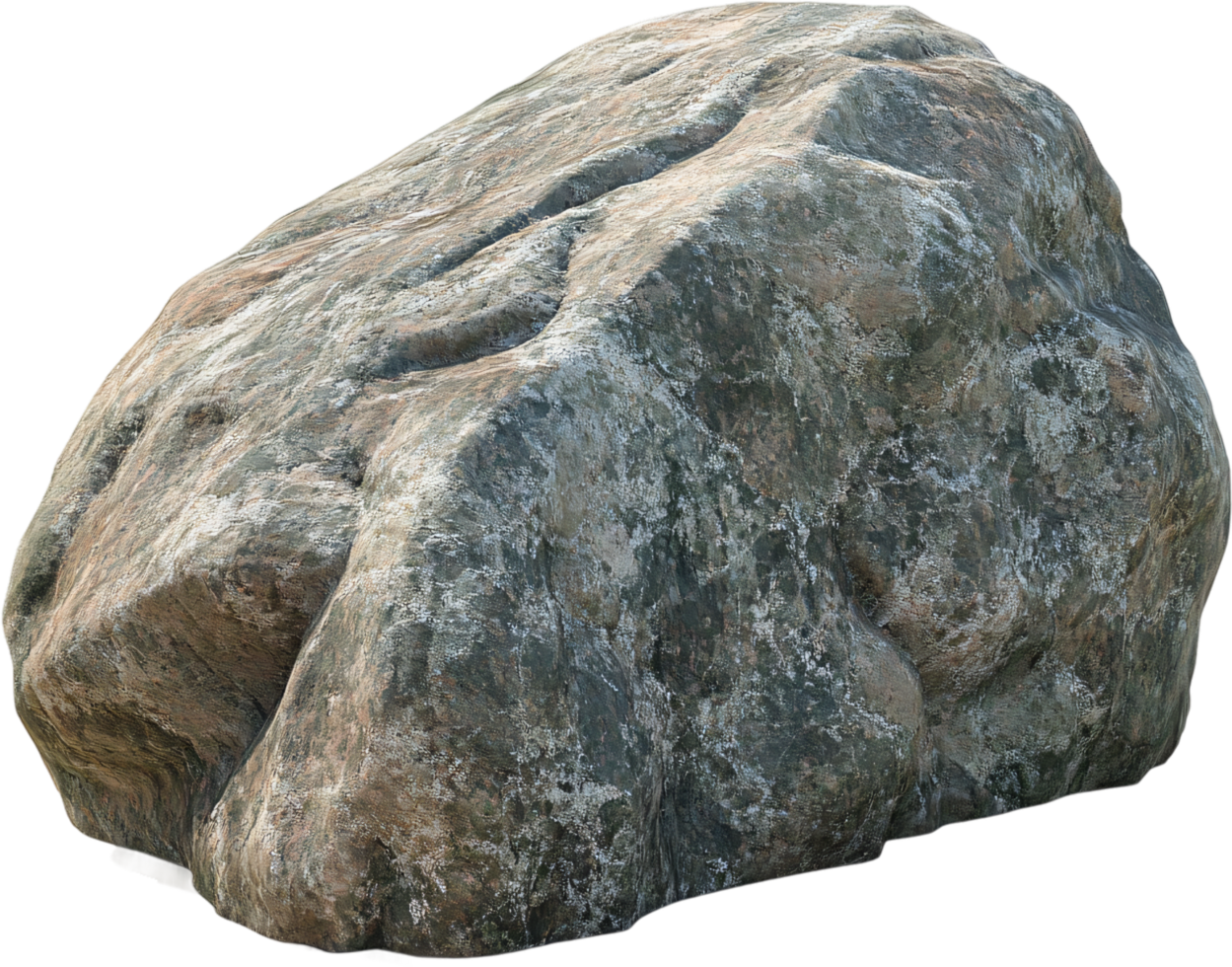 A rock stands alone, its textures of grey, brown, and greenish tints telling a story of time, exposure, and the patient shaping of elements. png