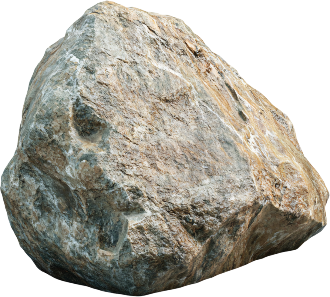 A large, isolated rock with a weathered surface showing a mix of gray and brown tones, capturing texture and geological detail. png