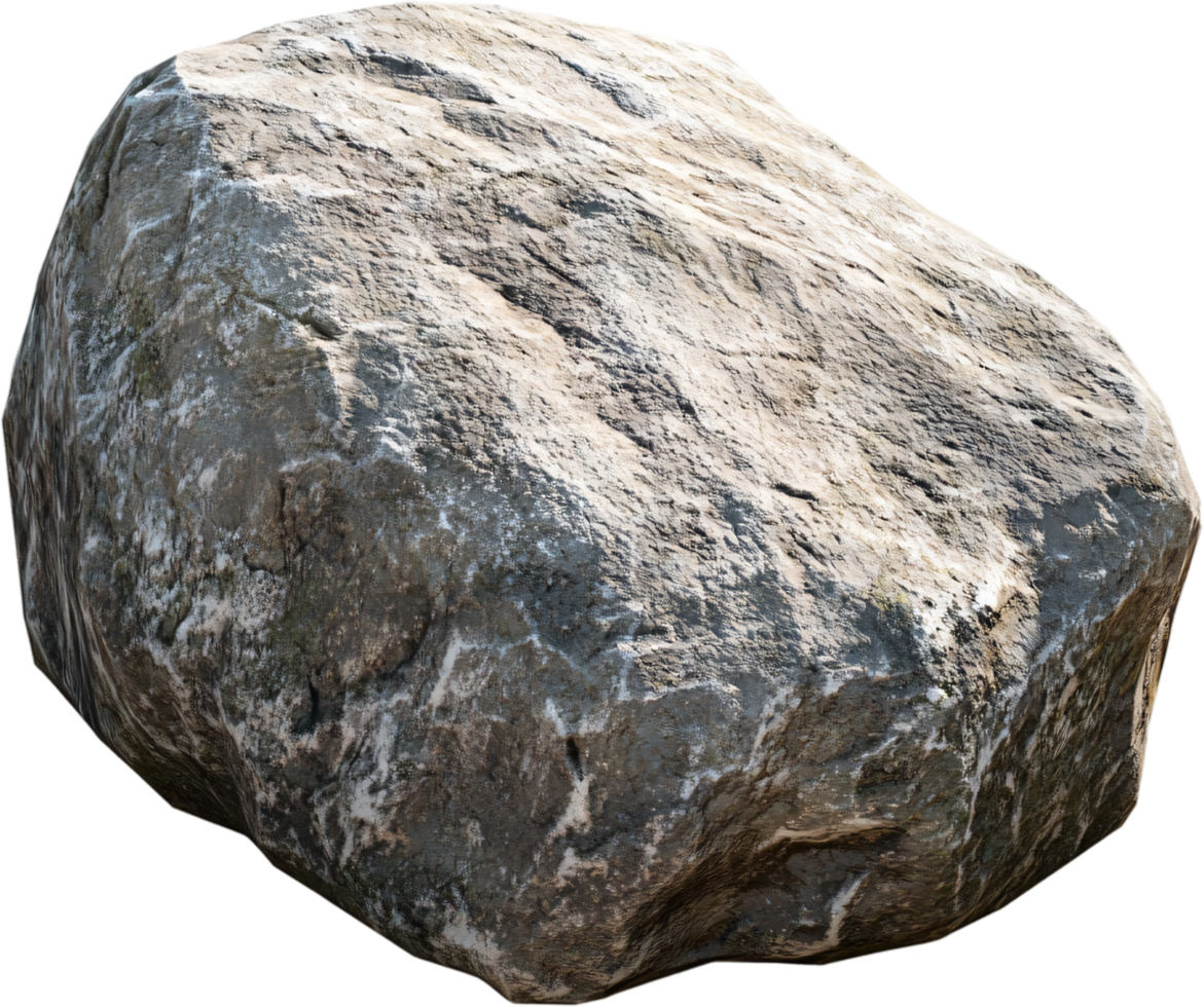 A weathered stone boulder with detailed surface textures, showcasing natural colors and earthy formations under sunlight. Minimalist rock aesthetic. png