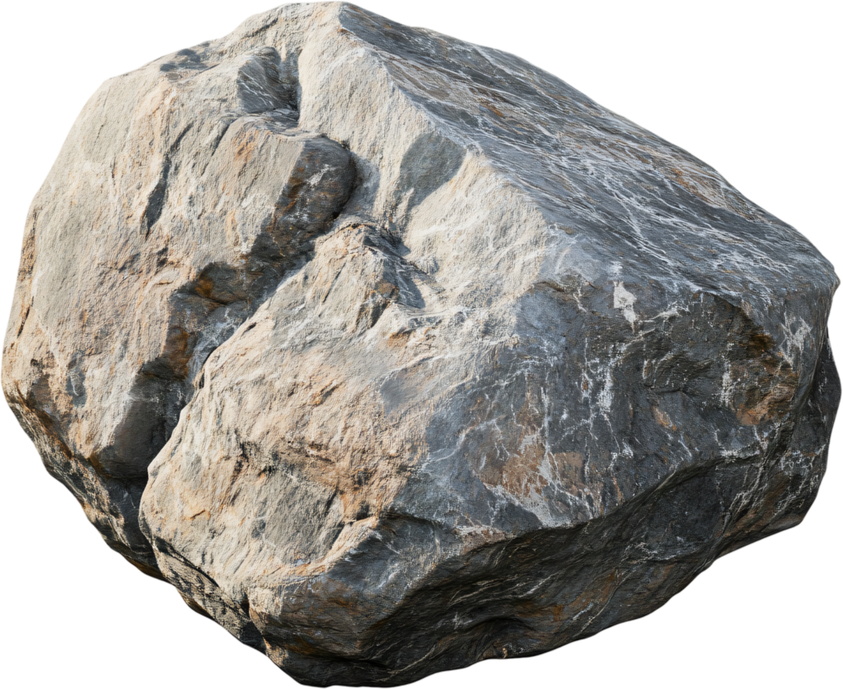A large, irregularly shaped rock with a textured surface, exhibiting shades of gray, white, and tan, set against a dark background. png