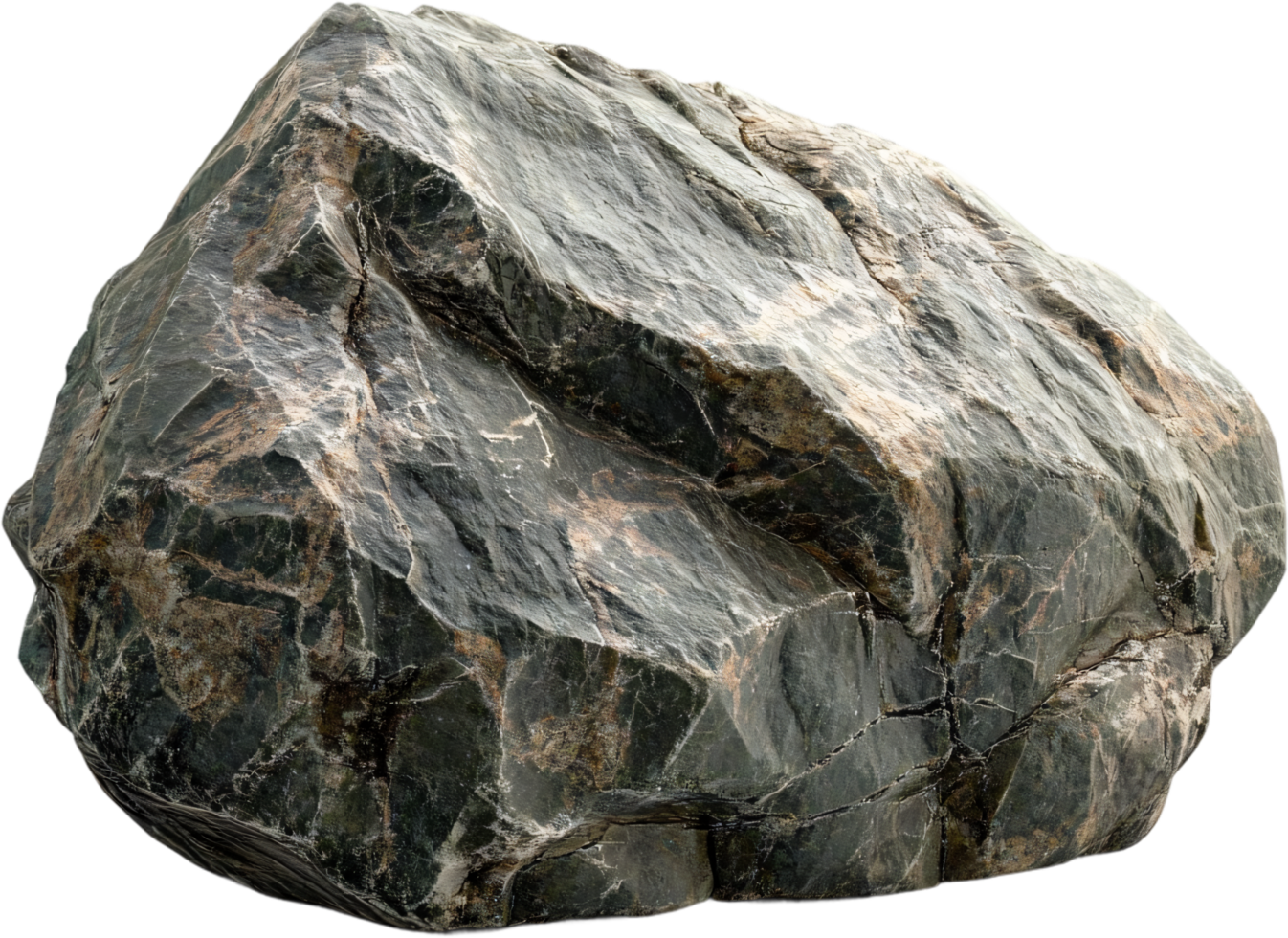 A massive, dark, rocky formation stands, showcasing rugged texture and detailed geology, isolated against a plain background. png