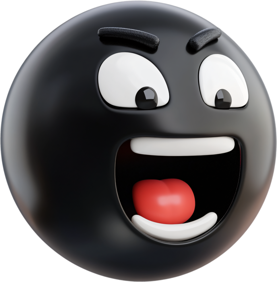 A black, cartoonish, sphere-shaped character with exaggerated features, grinning widely and appearing gleeful. Expressive facial elements. png
