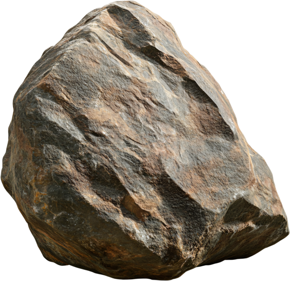 A weathered rock with a mix of gray and brown tones, showing textured surfaces and natural patterns formed by time and the elements. png