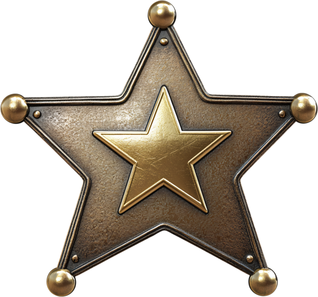 Metallic star badge with a golden star on a black background. The badge has a vintage and rustic look with rivets. png