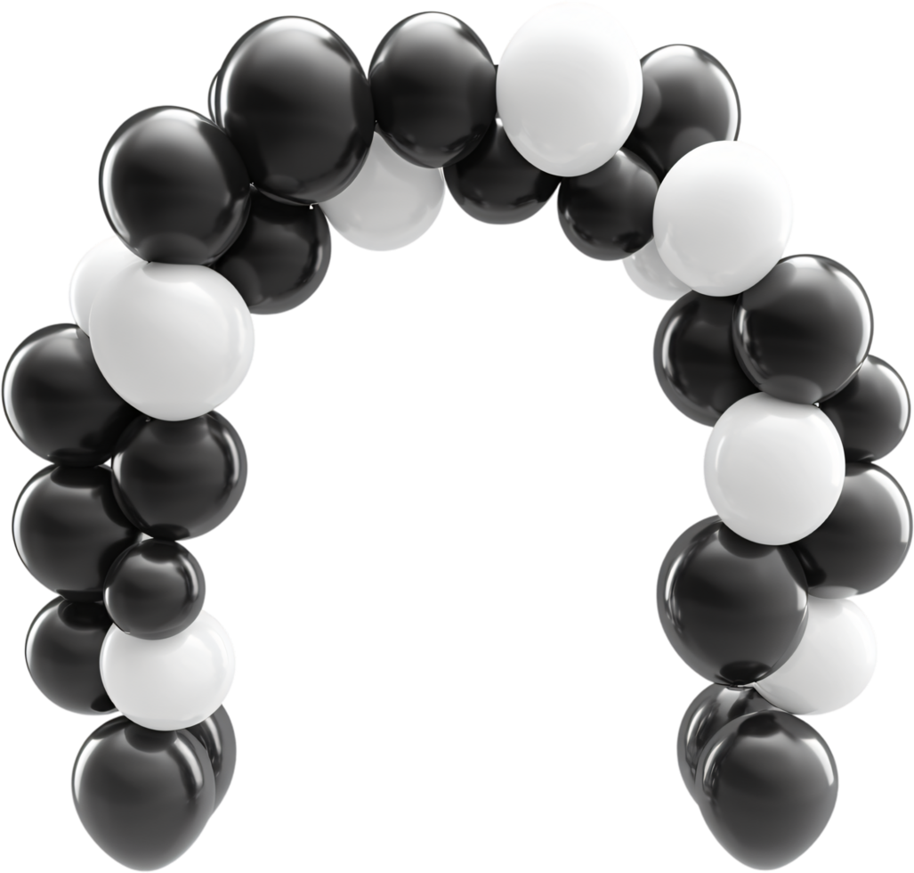 A semi-circular arch made of black and white balloons is displayed against a black background, perfect for events and celebrations. png