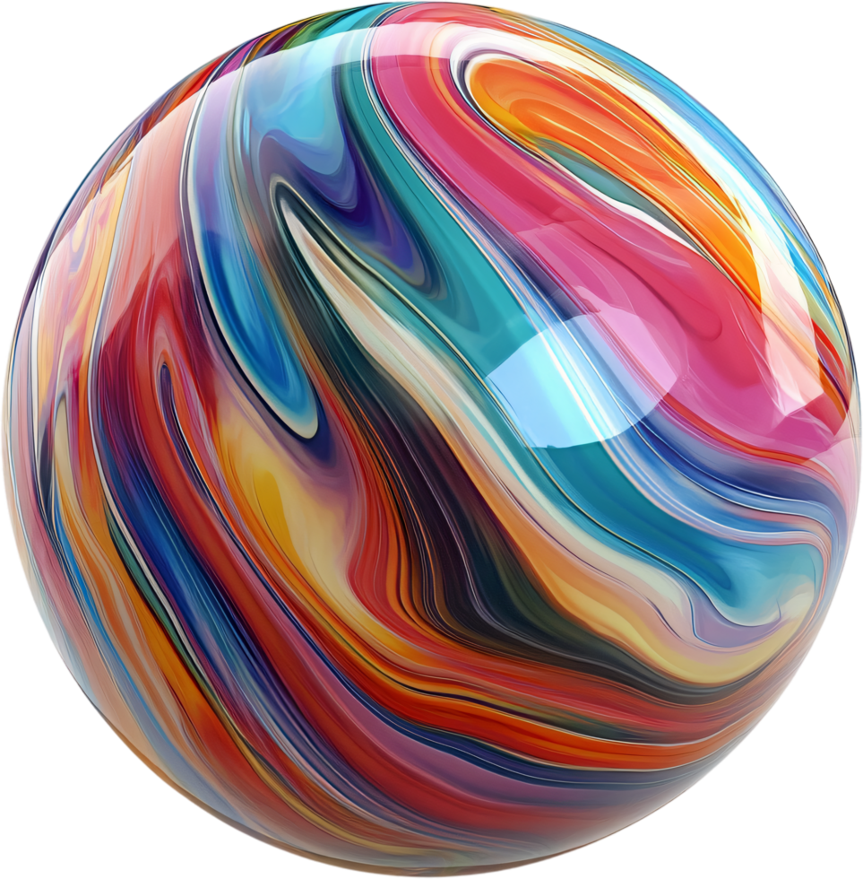 Colorful sphere with swirling patterns. Visual delight of abstract hues blending in a fluid dance of art. Smooth, glossy surface reflects light. png