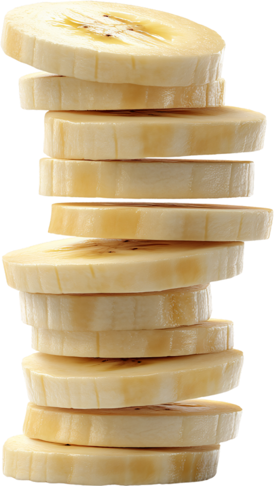 A delectable stack of perfectly sliced bananas, showcasing the fruit's inviting texture and vibrant color against a dark backdrop. png