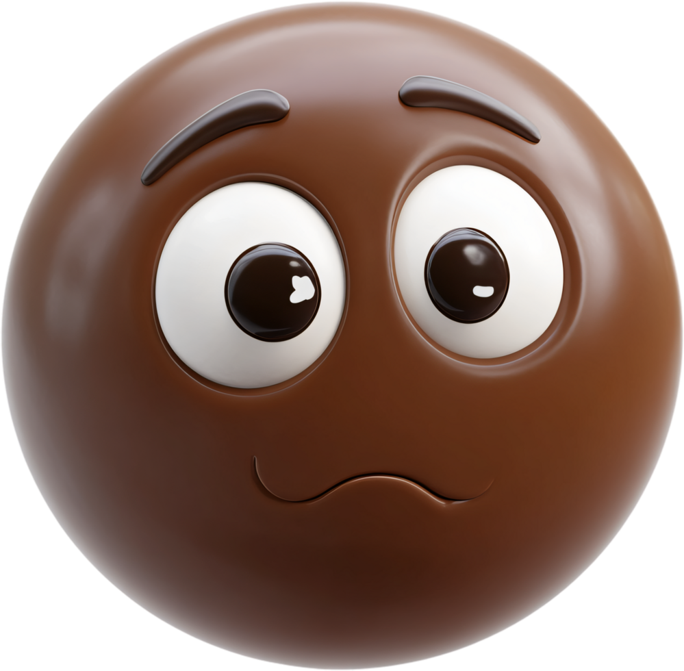 Worried chocolate emoji with furrowed brows, wide eyes, and a downturned mouth expressing concern or anxiety. 3D rendered. png