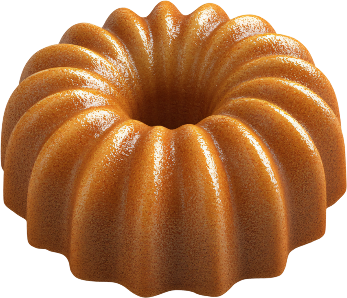 A bundt cake, golden brown with a fluted ring shape, sits against a black backdrop. It is evenly baked and shiny from a glaze. png