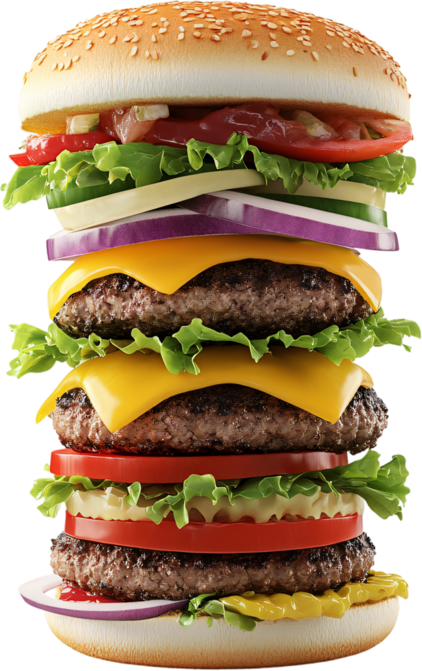 Stacked high, a delicious burger featuring multiple patties, cheese, and veggies that create an appealing, colorful visual. png