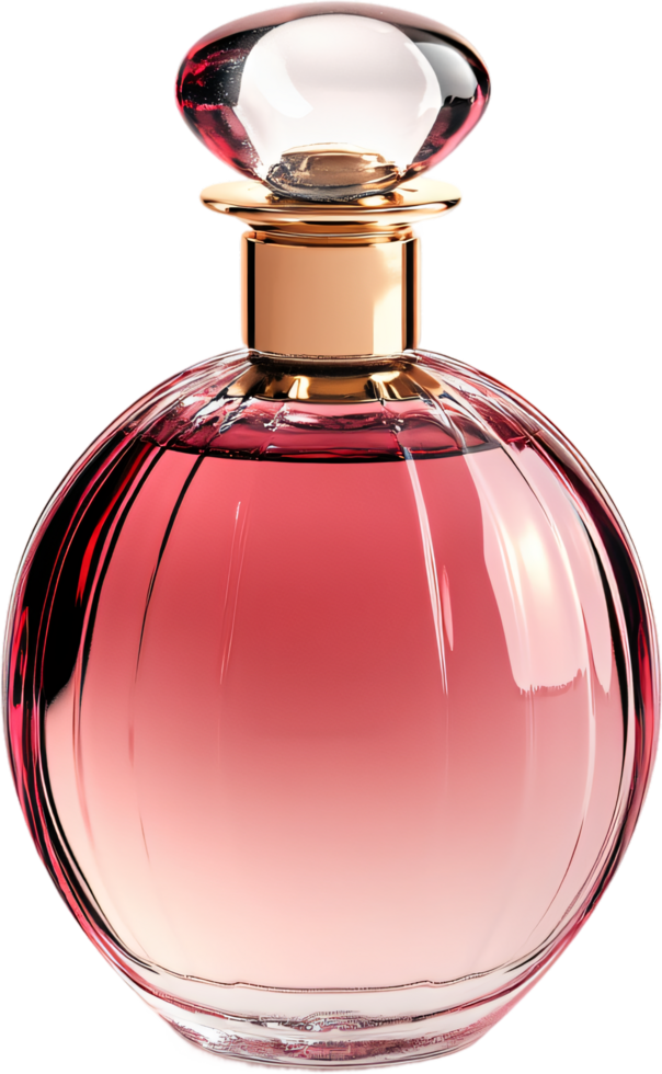 Elegant glass perfume bottle filled with a gradient of rose-colored liquid, topped with gold accents and a clear dome stopper. png