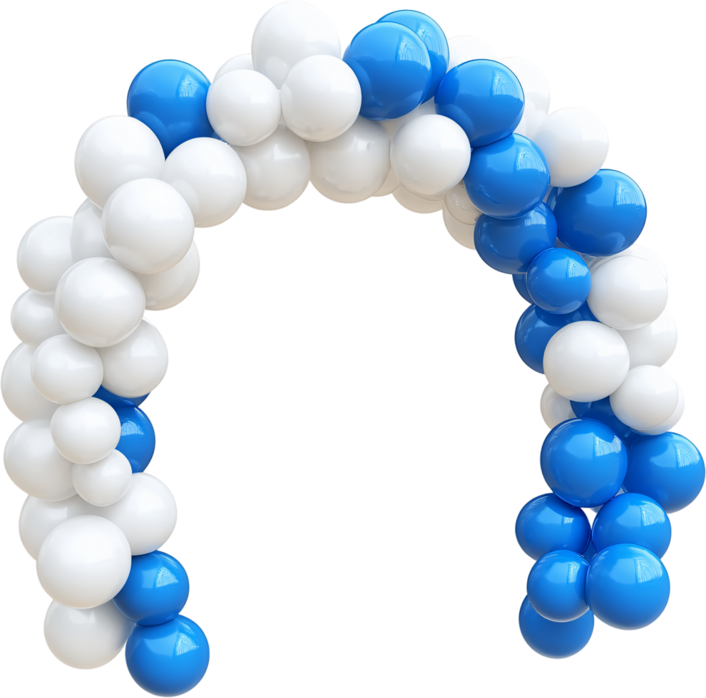 Festive balloon archway with vibrant blue and white balloons creates a celebratory entrance or backdrop, full of joy and colorful delight. png
