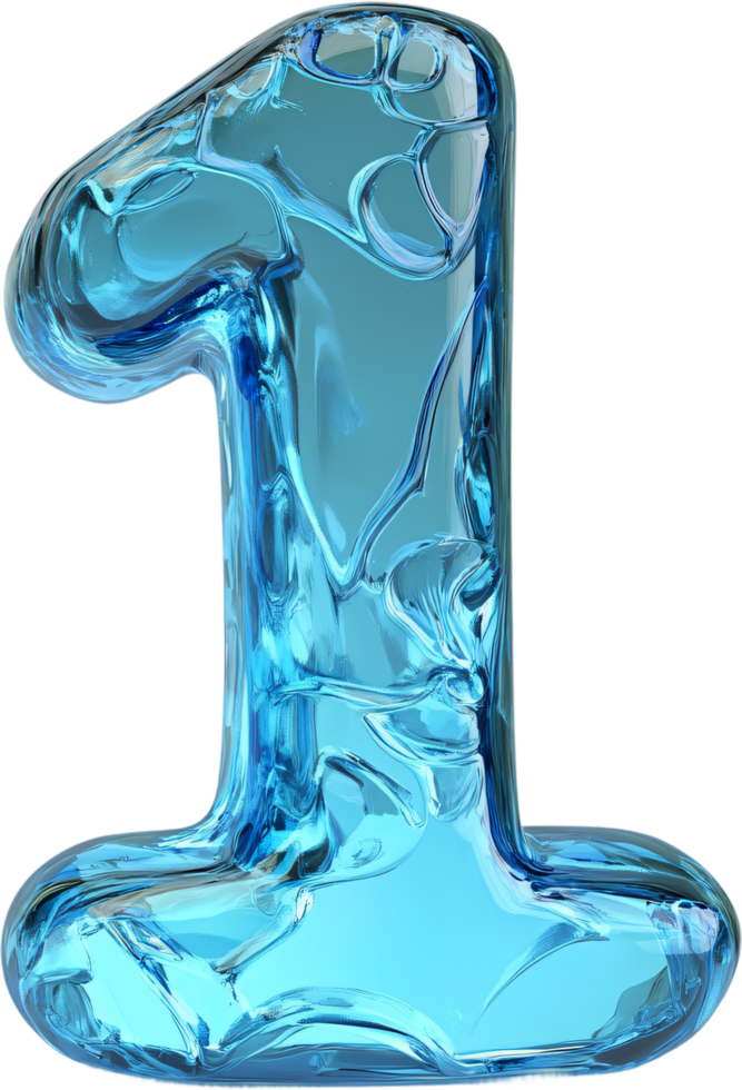 Iridescent, translucent depiction of the numerical digit one, with an abstract artistic design. The backdrop is a solid black void. png