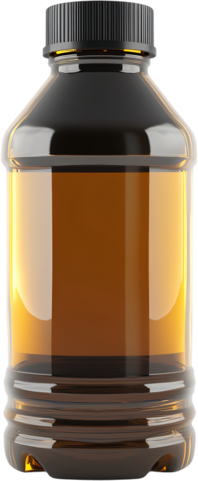 Sleek bottle filled with golden liquid, showcasing smooth lines and a dark cap, perfect for products requiring an elegant container. png