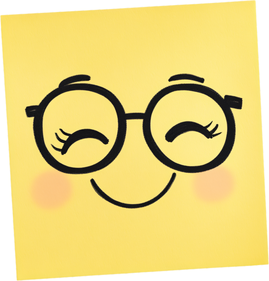 Smiling face with closed eyes and round glasses on a yellow sticky note, radiating cheerfulness and a positive outlook. Happy mood concept. png