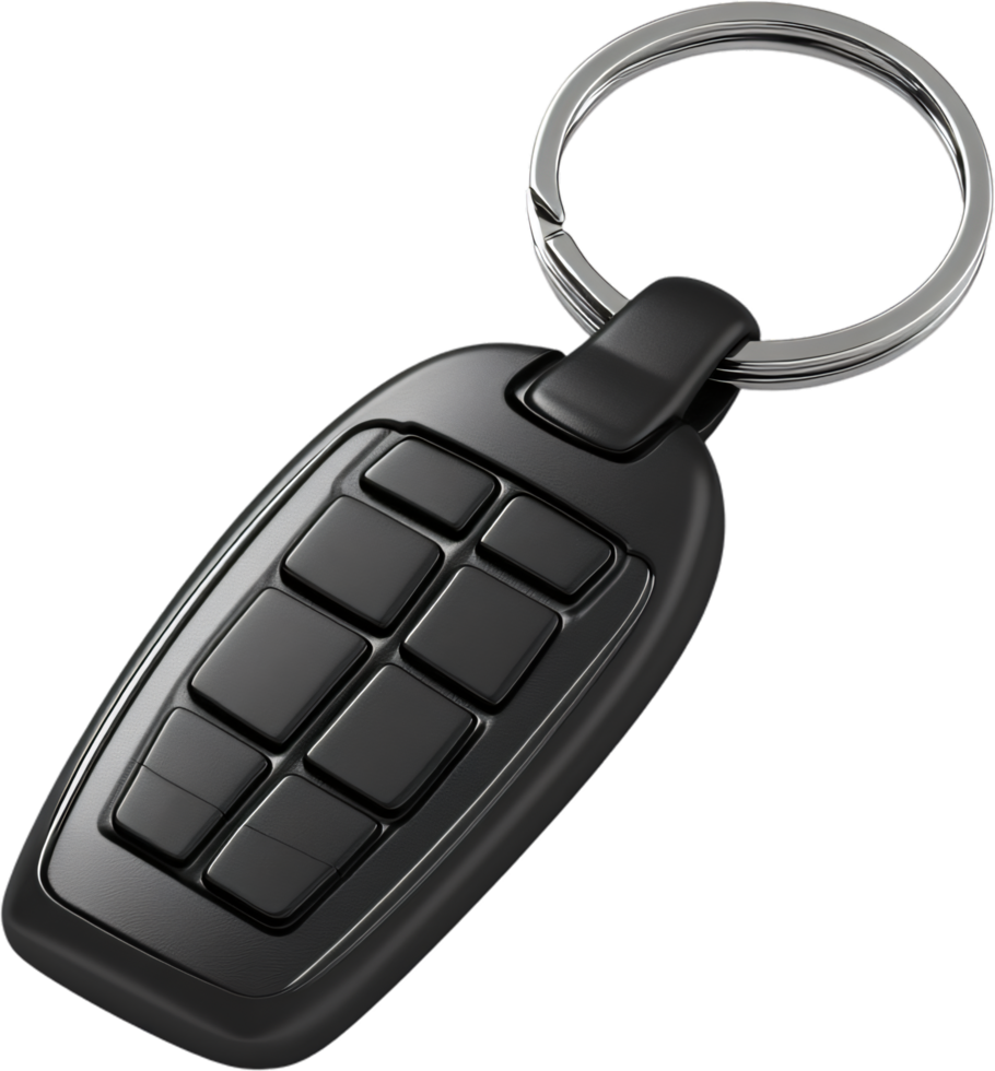 Sleek black key fob with multiple buttons and metal keyring on a dark background, ideal for automotive or security applications. png
