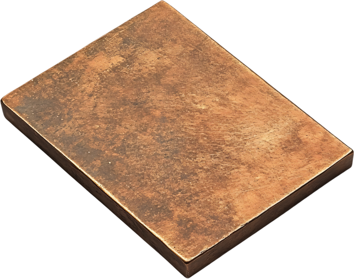 Metallic Rectangle, A weathered metal block shows age through its textured surface, displaying various shades of brown and bronze on black. png