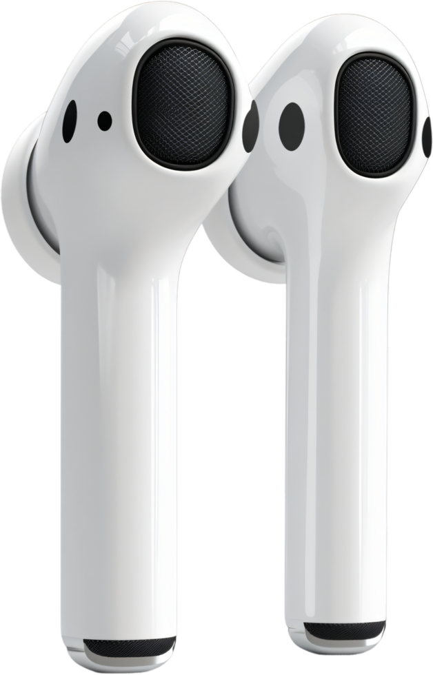 Close-up of a pair of modern white wireless earbuds, showing the speaker mesh and minimalist design against a plain background. png