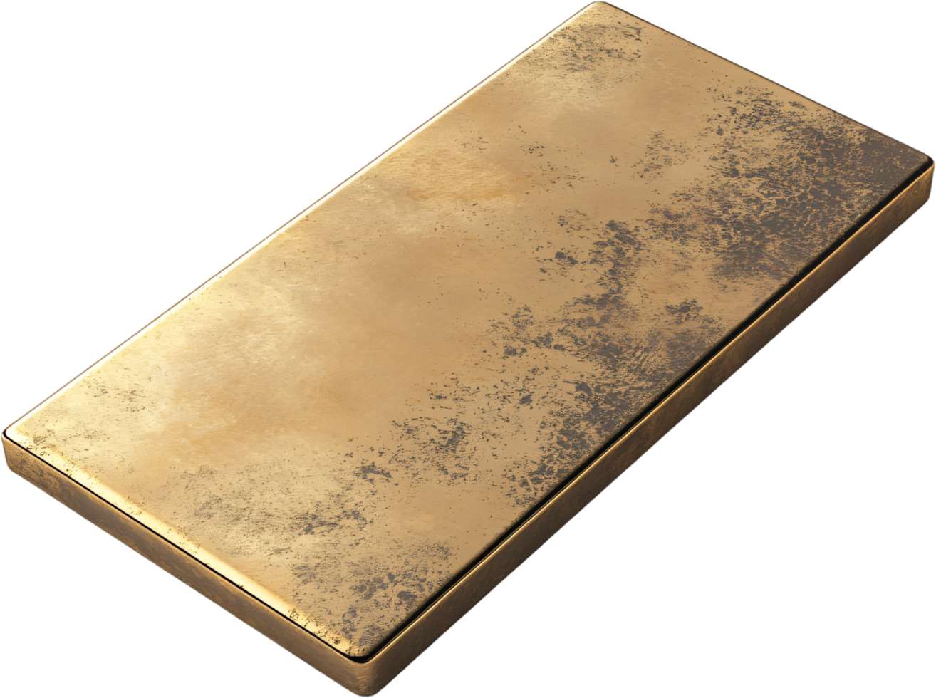 A slab of rectangular, brushed gold with dark areas of oxidation, showing signs of wear and age, isolated against a black background. png
