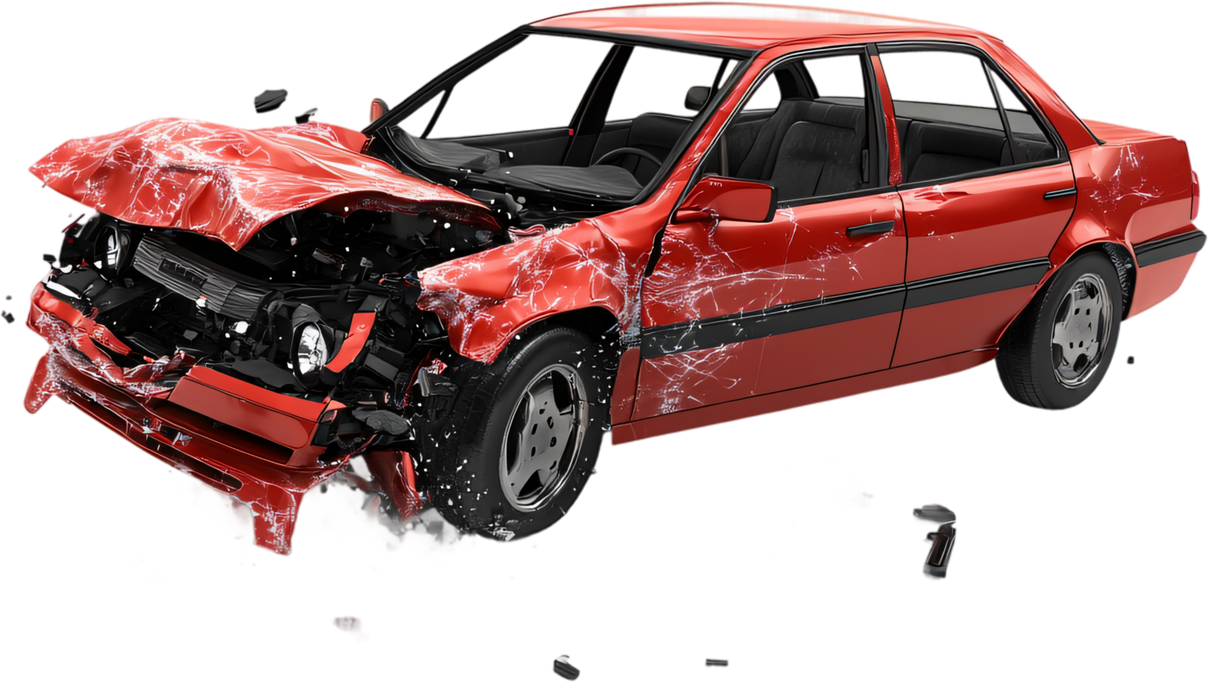 A crimson vehicle has suffered extensive damage to its front end. Shattered glass and crumpled metal suggest a significant collision. png