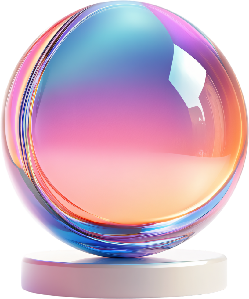 Translucent orb on a pedestal with flowing colors of pink, blue, and orange, creating a mesmerizing visual effect. It's ethereal and modern. png