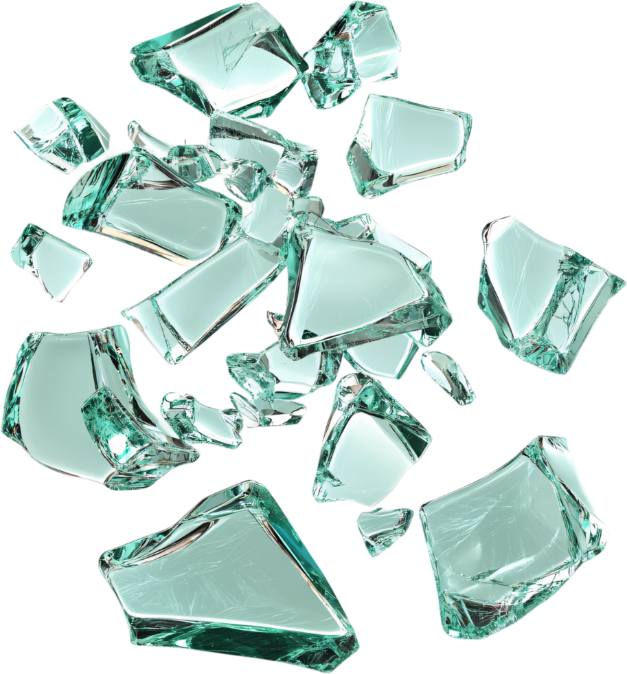 Shattered glass fragments float against a dark backdrop, reflecting light and creating a sense of fragility and potential danger. png