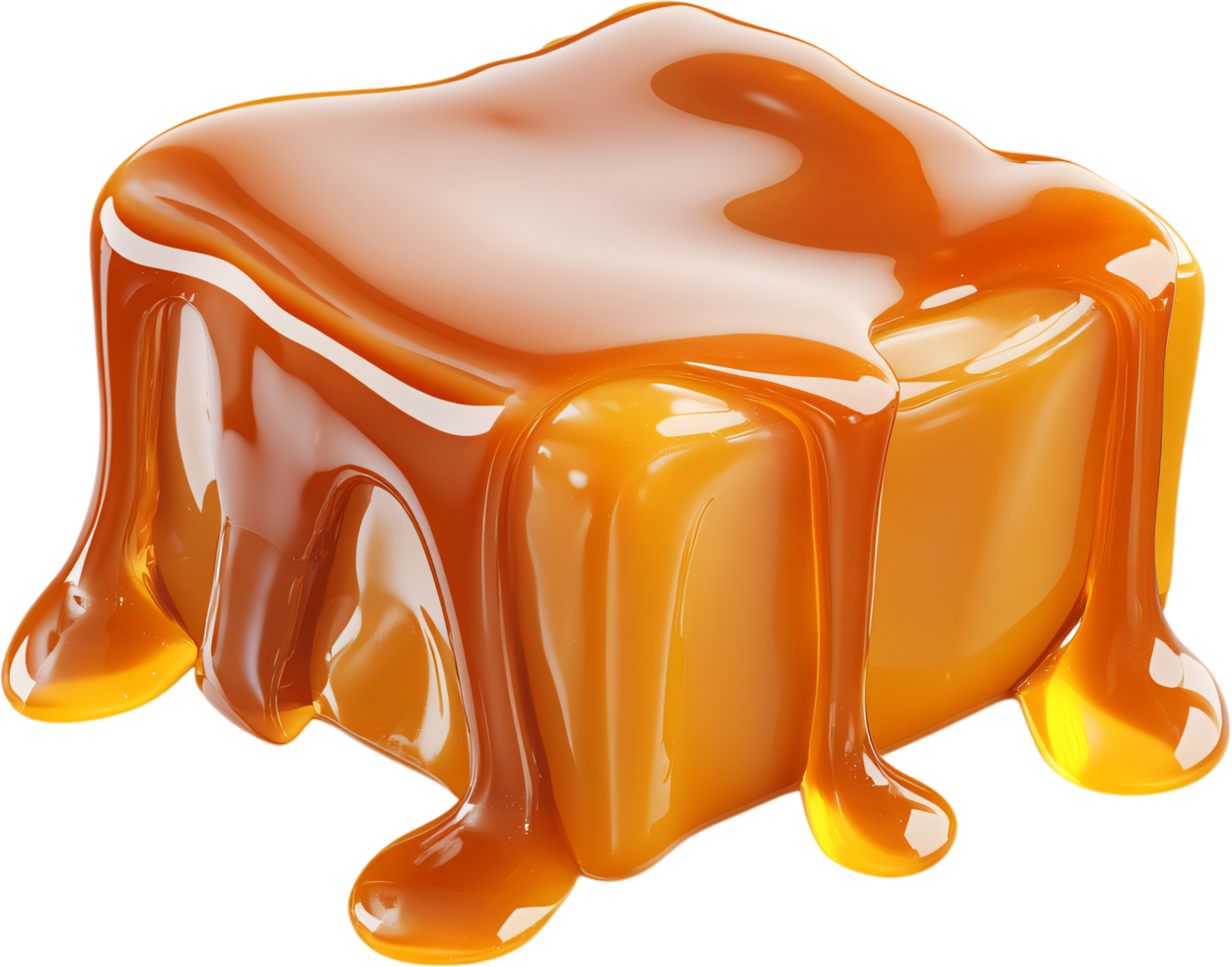 Irresistibly rich caramel cube with a decadent drizzle, a symphony of sweet indulgence. Golden perfection in every bite. png