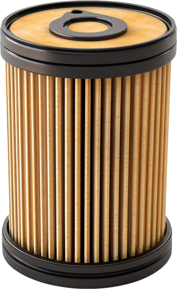 A cylindrical filter with a pleated tan core and black plastic top and bottom. Provides clean fluid for optimal performance. png