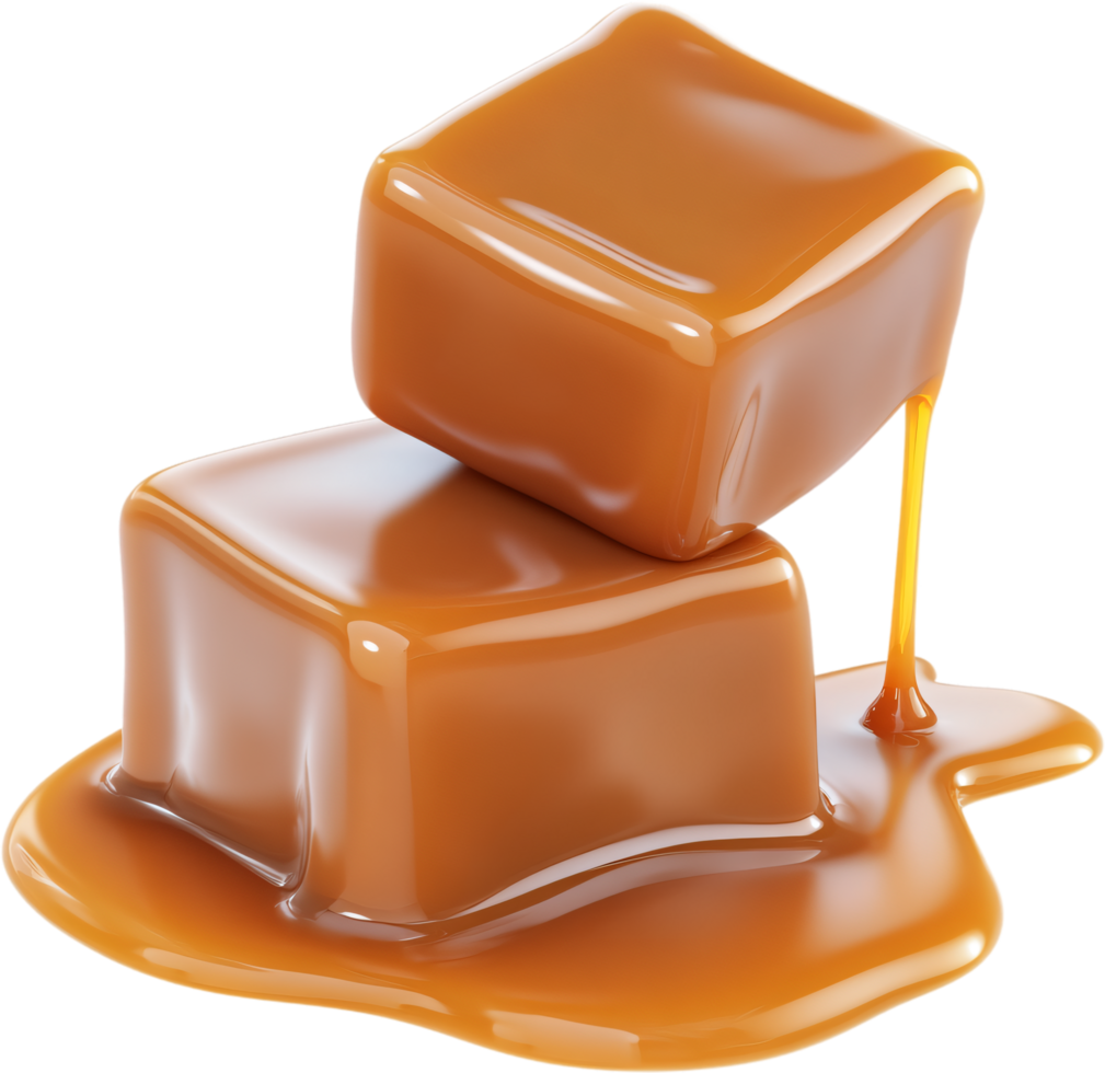Indulge in the irresistible allure of two stacked caramel candies, golden syrup trickling, a tempting treat ready to be devoured. png