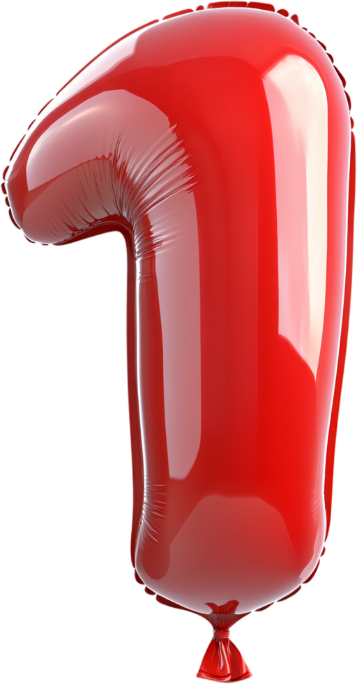 A vibrant, shiny red foil balloon in the shape of the number one is isolated against a stark black background. A festive decoration. png