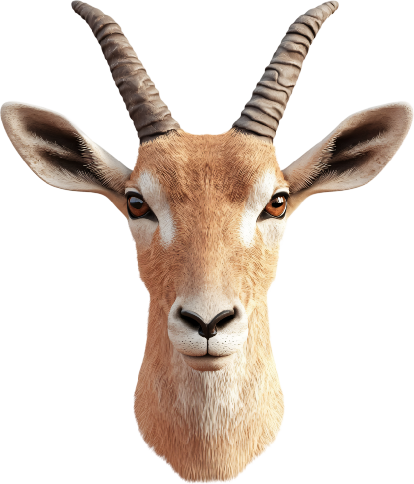 A captivating close-up of a gazelle's face, highlighting its majestic horns and gentle eyes, showcasing the beauty of wildlife. png