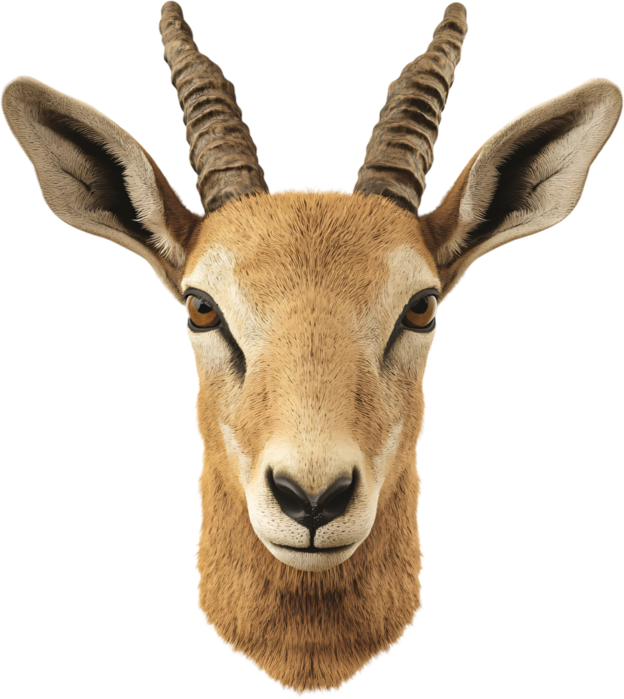 Close-up of a springbok head, highlighting its symmetrical face, large ears, brown eyes, and ridged horns against a dark background. png