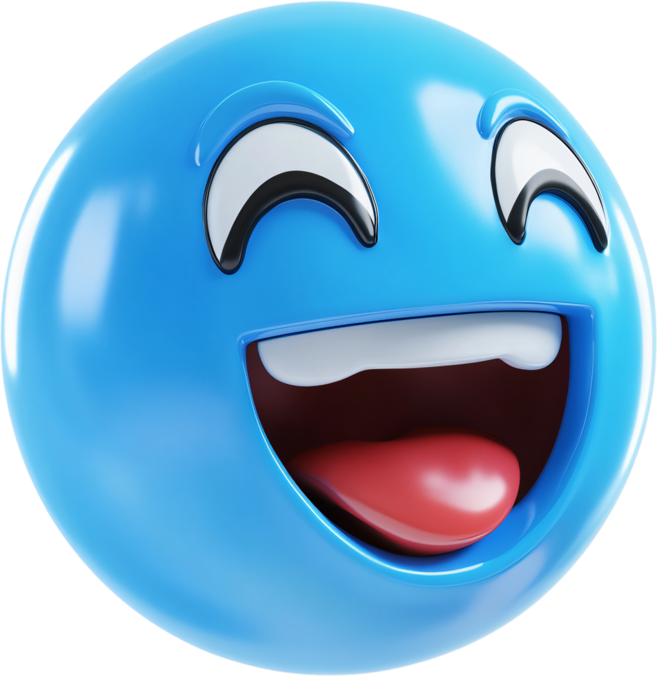 A blue, 3D-rendered emoji shows a wide smile, closed eyes, and tongue sticking out, expressing joy, humor, or playfulness. png