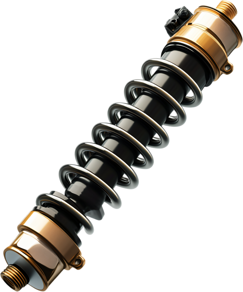 Close-up of a black suspension system with silver coils and gold caps, set against a stark black background for high contrast. png