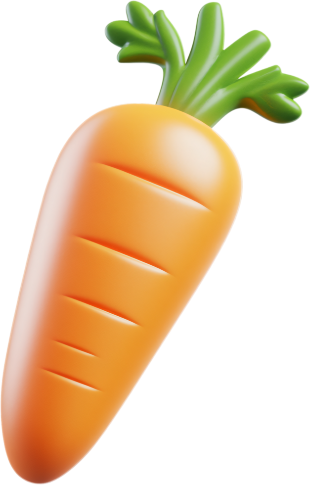 Vibrant 3D Render of a Carrot, a perfectly polished carrot with bright green leaves, ideal for a healthy lifestyle campaign. png