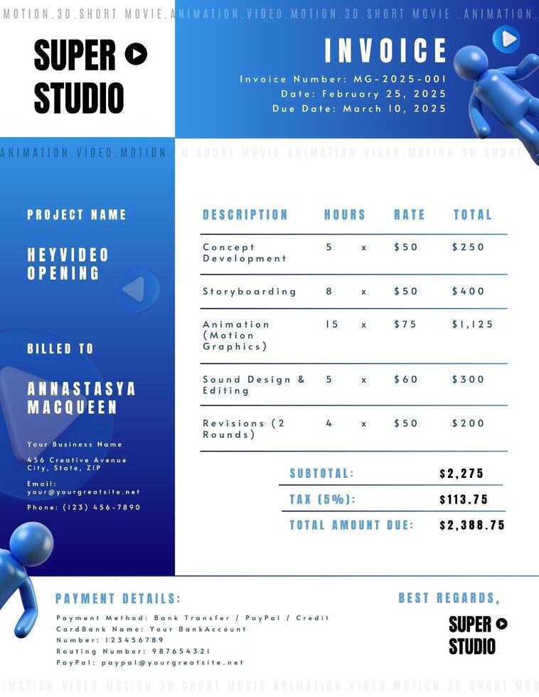 Blue 3D Creative Motion Invoice for Motion Designer Studio template