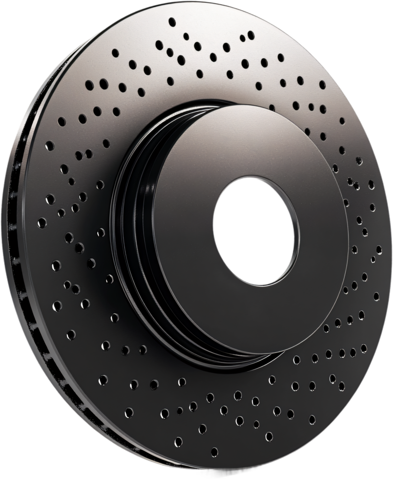 Close-up of a metallic car brake disc featuring numerous perforations for ventilation and a central mounting area. Modern design. png