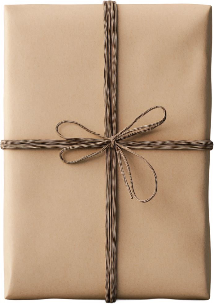 A rectangular gift wrapped in brown paper and tied with twine, presents a natural and rustic look. The simple bow adds a touch of charm. png