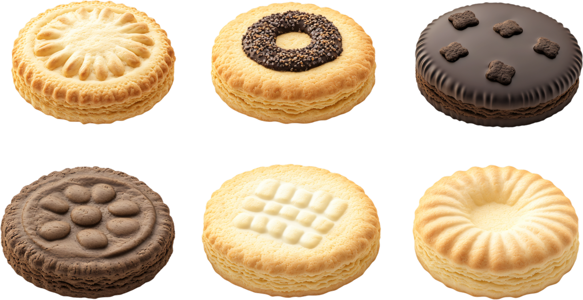 An overhead shot shows an assortment of six assorted cookies, featuring diverse decorations and crust variations, all arranged in a visually balanced composition. png