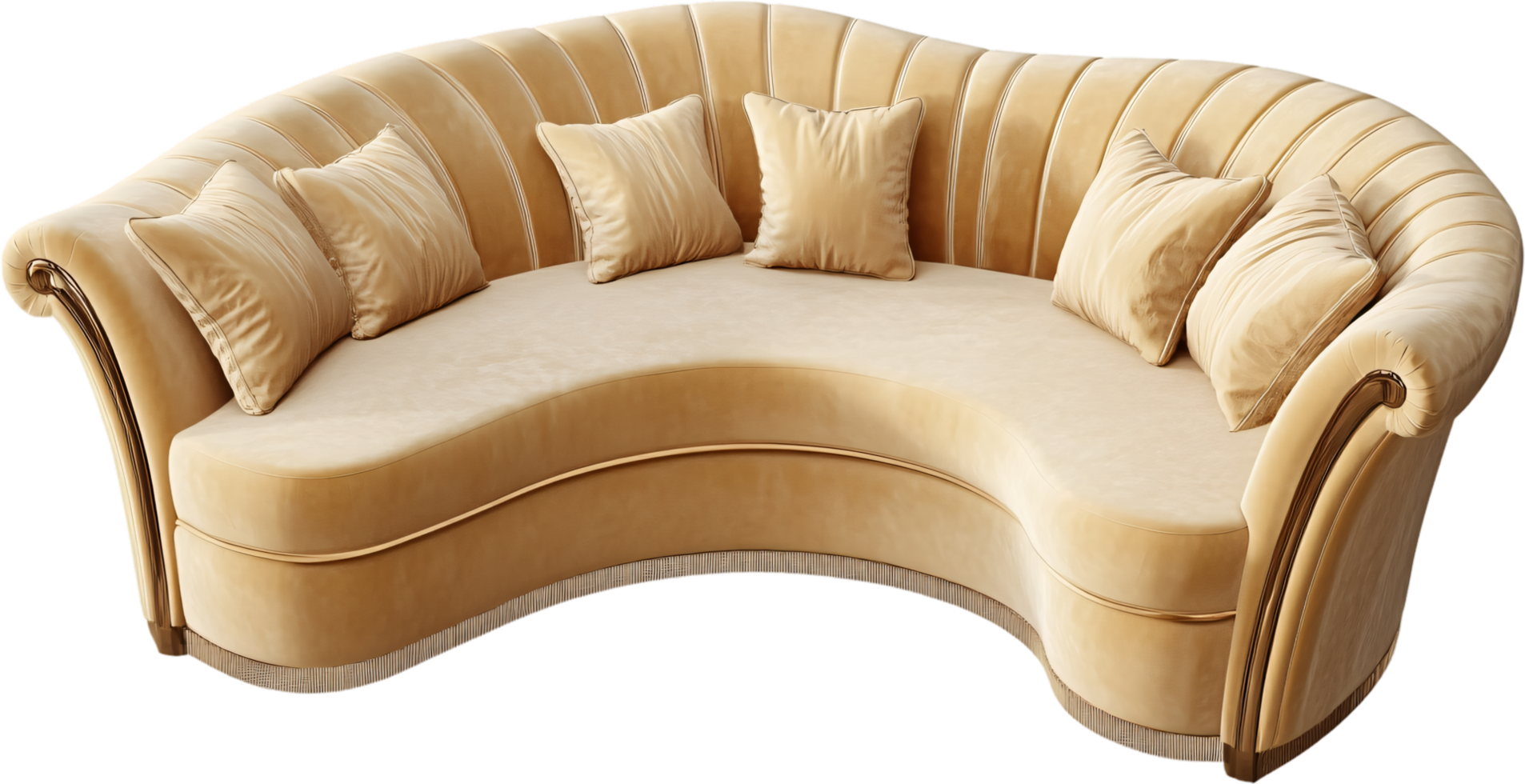 Elegant curved sofa in a soft yellow velvet with decorative pillows, offering a stylish and comfortable seating option for any living room. png