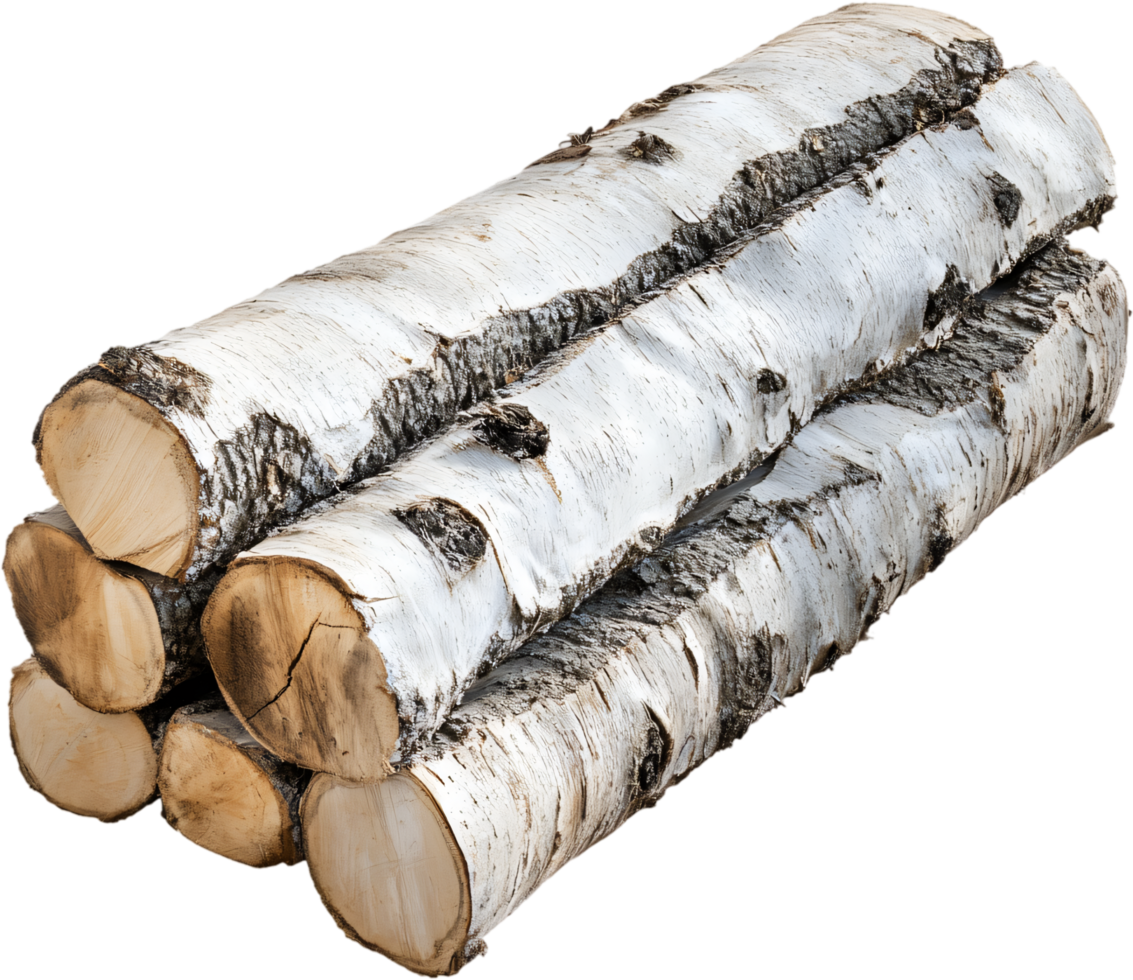Pile of birch logs, close-up showcases textures, wood grains, and natural patterns. Perfect for fireplace, crafting, or decorative projects. png