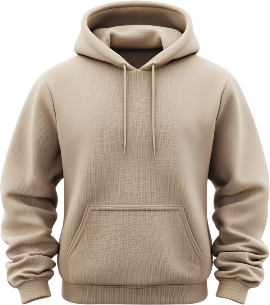 Beige hoodie with front pocket, drawstring hood, and ribbed cuffs. Perfect for casual wear, offering comfort and style in a neutral tone. png