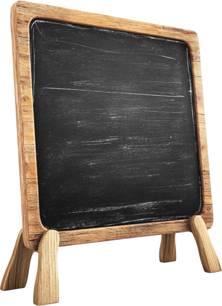 A weathered chalkboard with a light wood frame stands ready to display messages or artwork, offering a touch of rustic charm and functionality. png