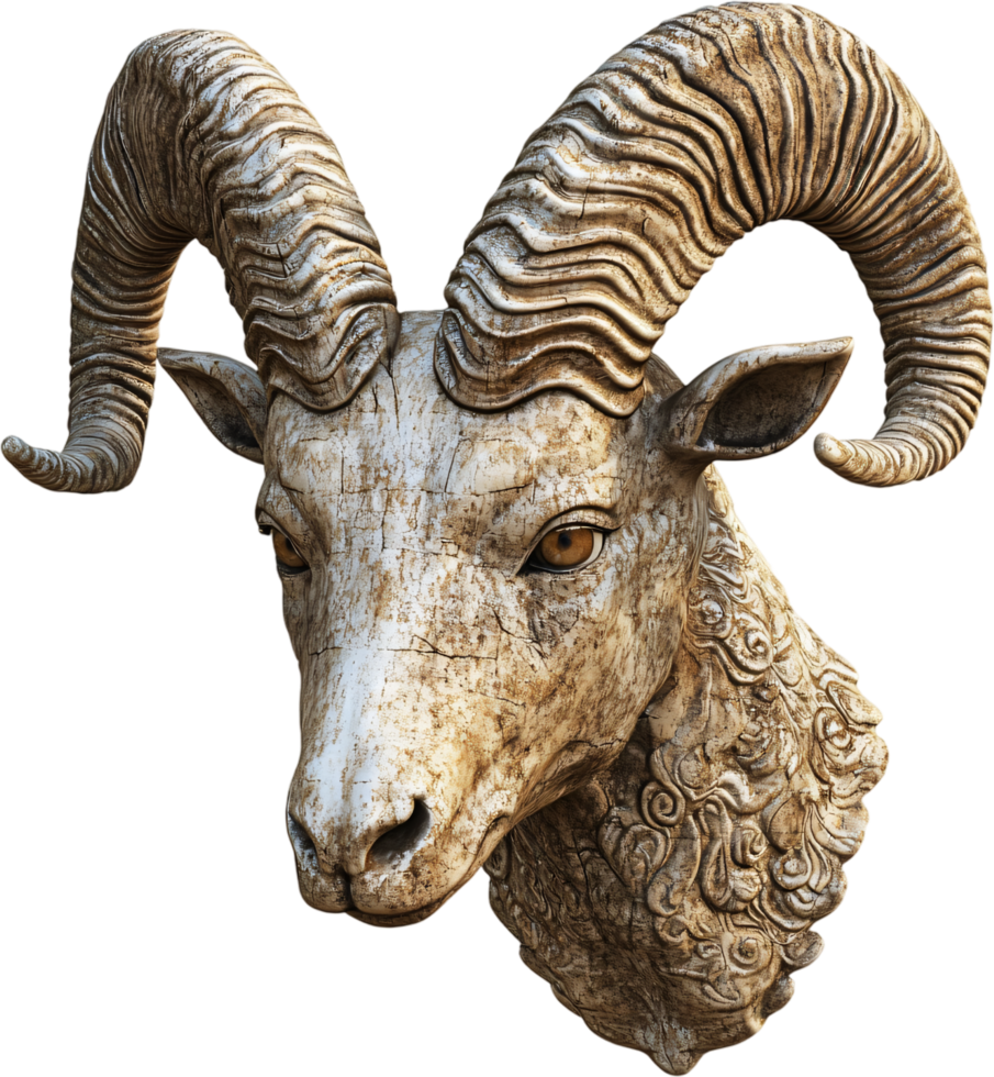 Detailed ram head sculpture, carved in marble, on a solid black background. The sculpture is textured, with large horns and expressive eyes. png