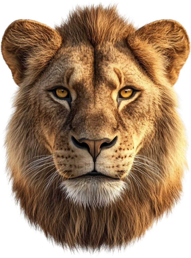 Majestic lion portrait showcases a captivating and intense gaze, framed by its golden mane, radiating power and tranquility. png