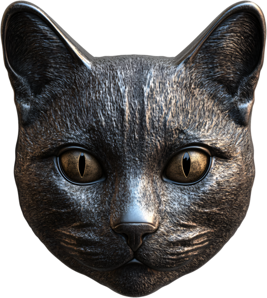 A detailed metal sculpture of a cat's face, with a textured surface and expressive, round eyes, set against a solid background. png