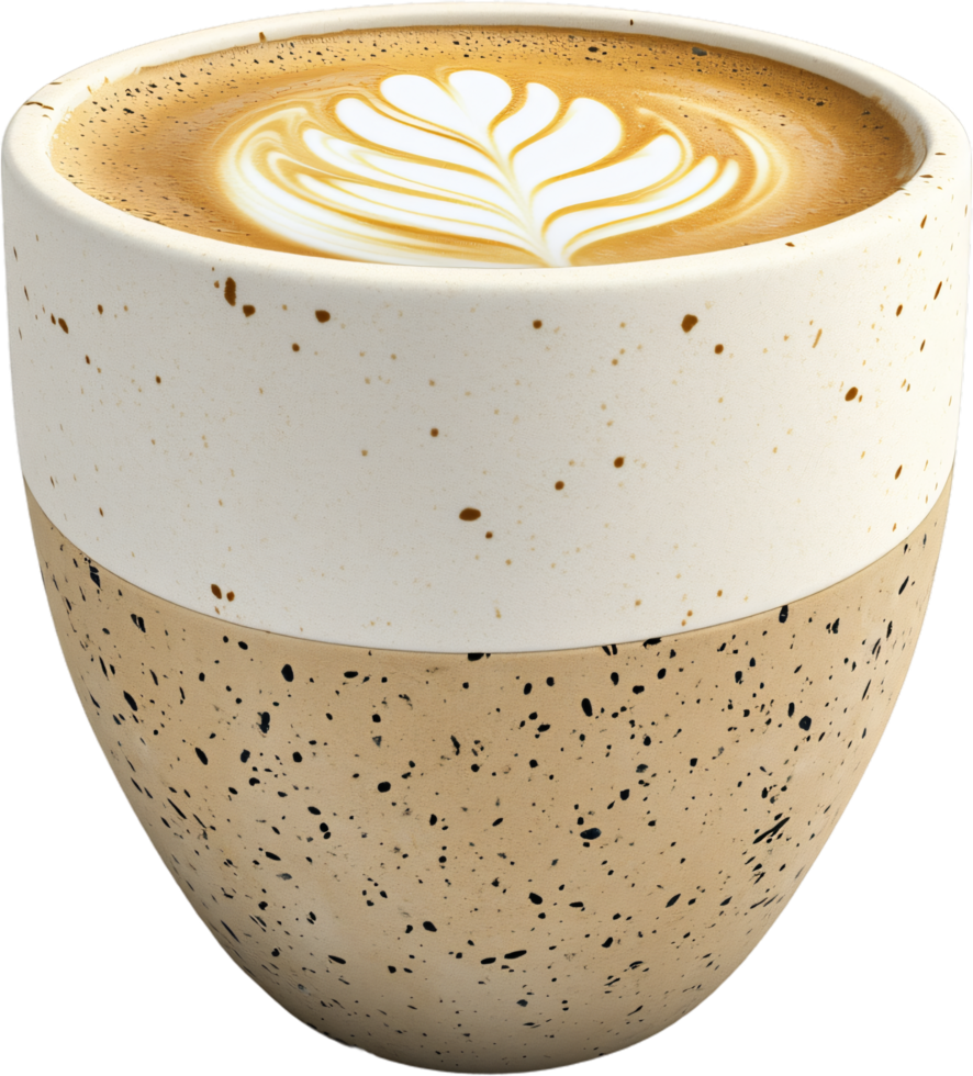 Elegant Coffee Cup, Sip sophistication with this charming cup of coffee, showcasing beautiful latte art in a stylish, two-toned vessel. png
