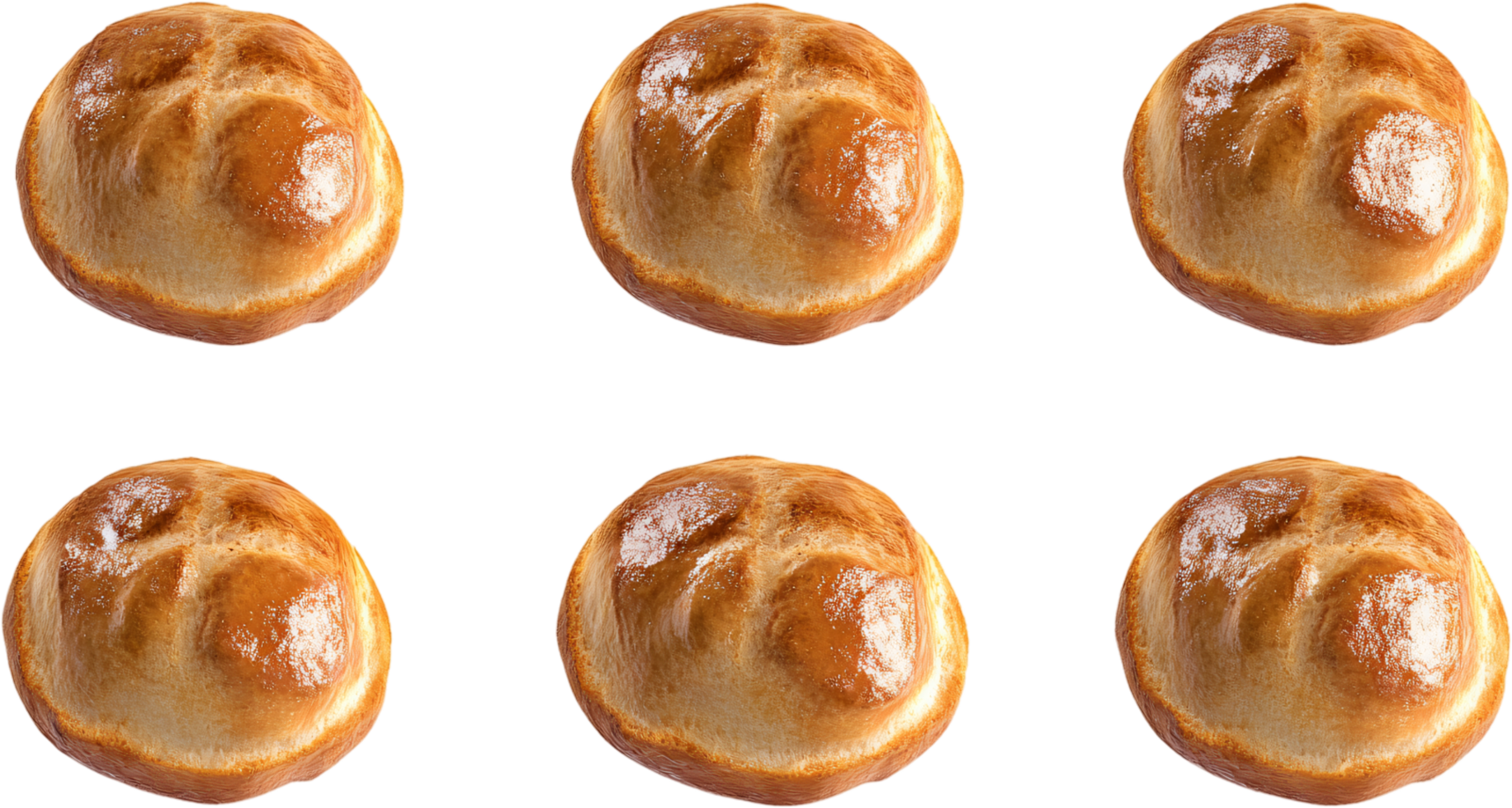 A selection of six golden-brown, perfectly baked bread rolls, arranged on a plain black background, ideal for showcasing baked goods. png