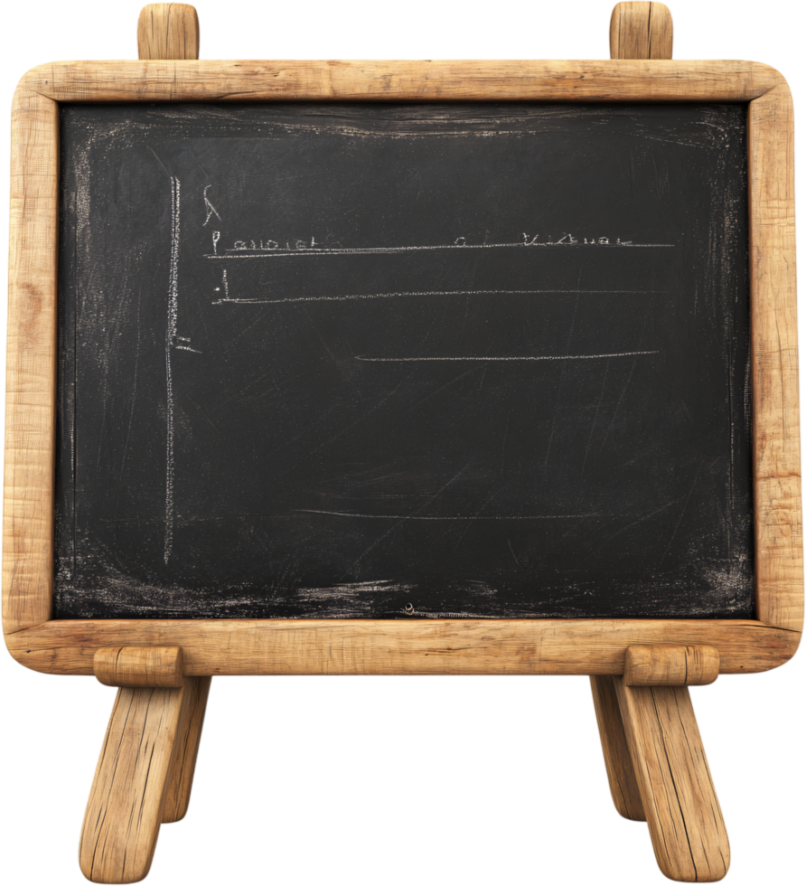 Rustic wooden framed blackboard with a dark slate surface for notes, reminders, and classroom lessons. Versatile for various uses. png